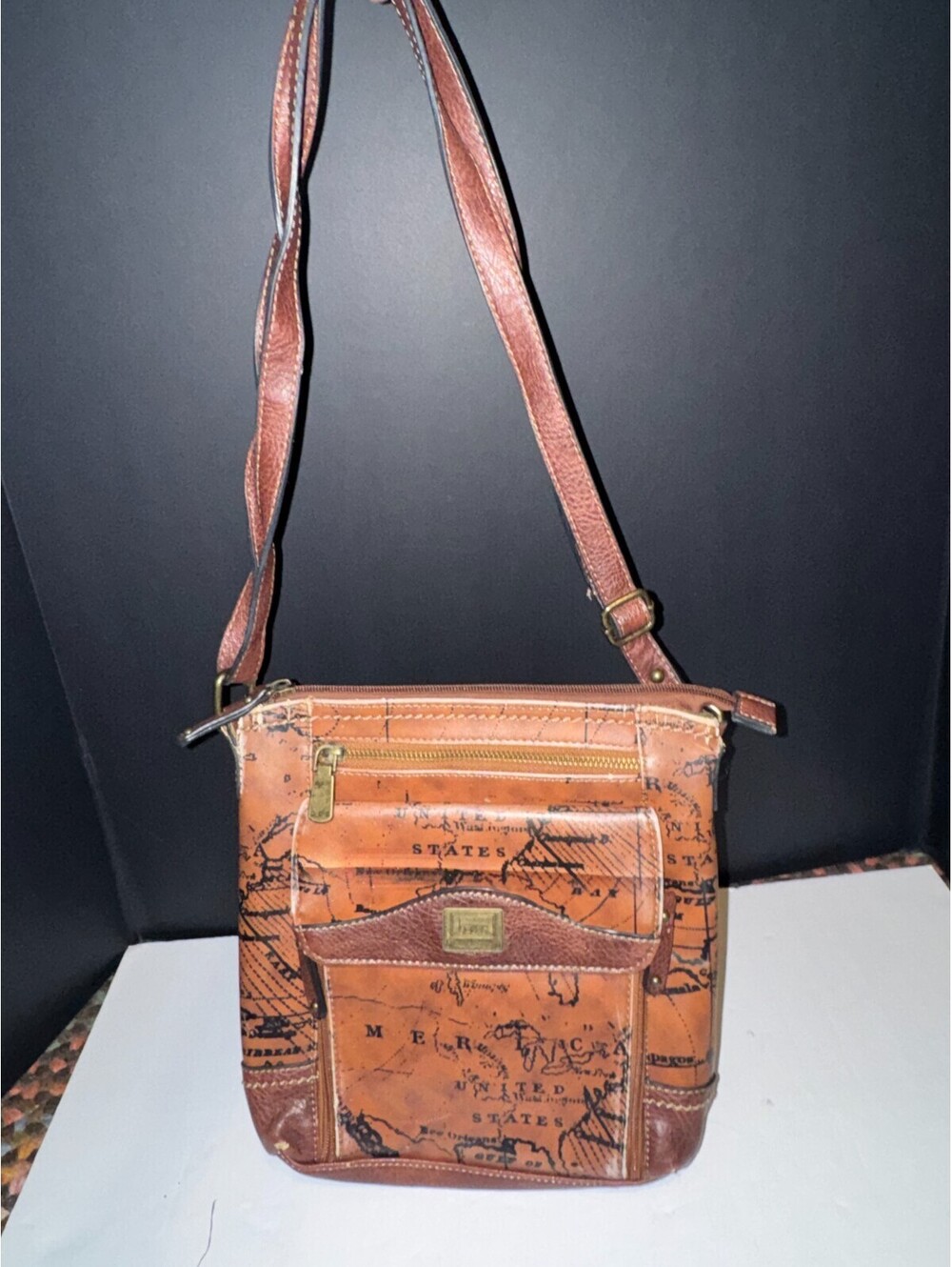 b.o.c Born Concept Brown World Map Print Crossbody Bag Brass Hardware LOOK